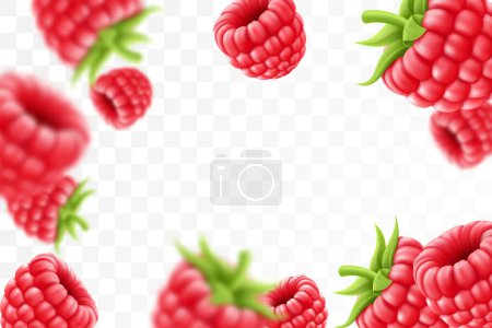 Illustration for Raspberry background. Flying raspberry with green leaf on transparent background. Raspberry falling from different angles.Focused and blurry objects. 3D realistic vector. - Royalty Free Image