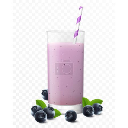 Ilustración de Blueberry juice, cocktail, smoothie or yogurt in glass with straw, isolated on transparent background. Realistic 3d vector illustration - Imagen libre de derechos