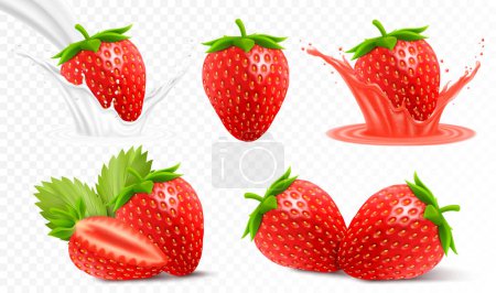 Illustration for Whole and slice of strawberry, strawberry in a splash of juice with drops, strawberry in a splash of milk or yogurt, 3d realistic vector set, isolated on transparent background - Royalty Free Image