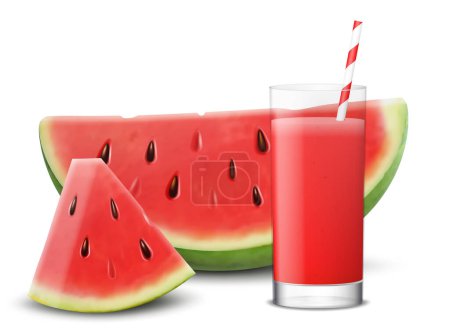 Téléchargez les illustrations : Watermelon juice or smoothie in glass with straw. Half and piece of watermelon, isolated on transparent background. Realistic 3d vector illustration - en licence libre de droit