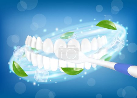 Téléchargez les illustrations : Teeth brushing. Toothbrush cleaning white healthy teeth. Stomatological procedure, oral health. Tooth protection, caries prevention dental clinic service, hygiene routine. Realistic 3d vector banner - en licence libre de droit