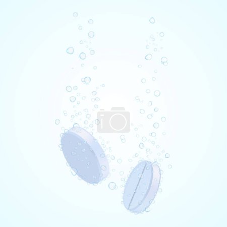 Illustration for Tablet with bubbles. Effervescent dissolving aspirin tablets in carbonated water. Effervescent soluble tablets. Sparkling water bubble trails. Realistic 3d vector - Royalty Free Image