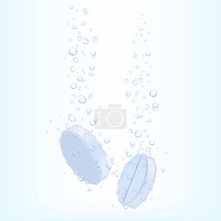 Téléchargez les illustrations : Tablet with bubbles. Effervescent dissolving aspirin tablets in carbonated water. Effervescent soluble tablets. Sparkling water bubble trails. Realistic 3d vector - en licence libre de droit