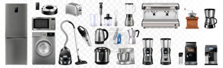 Ilustración de Vector realistic set of household and kitchen appliances isolated on white background. Microwave, refrigerator, washing-machine, toaster, multi-cooker, kettle, blender, - Imagen libre de derechos