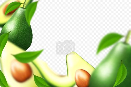 Illustration for Realistic tropical background with exotic avocado fruit. Healthy food illustration. Slices of avocado isolated on the white. Organic, vegan, raw food. 3d vector illustration - Royalty Free Image