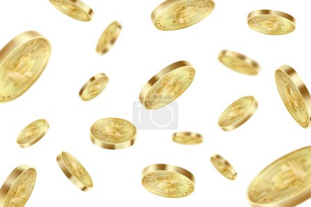 Bitcoin coins flying isolated on a white background. Bitcoin virtual cryptocurrency explosion. Realistic 3d Vector illustration.