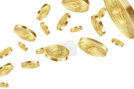 Bitcoin coins flying isolated on a white background. Bitcoin virtual cryptocurrency explosion. Realistic 3d Vector illustration.