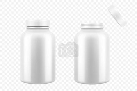 Téléchargez les illustrations : Opened and closed white plastic medical pill bottles, 3d realistic vector illustration. Mock Up Template set of medicine package for pills, capsule, drugs, isolated on white background - en licence libre de droit