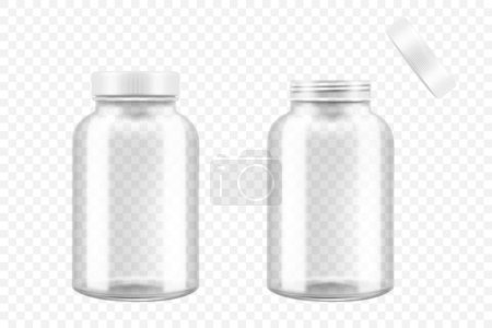 Téléchargez les illustrations : Open and closed glass medical pill bottle, 3d realistic vector illustration. Mock Up Template set of drugs for pills, capsules, medicines isolated on white background - en licence libre de droit