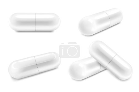 Illustration for White Medical Pills or Capsules icon set closeup, isolated on transparent background. Design Template of Pills, Capsules for Graphics, Mockup. Medical and Healthcare Concept. Vector 3d Realistic illustration - Royalty Free Image
