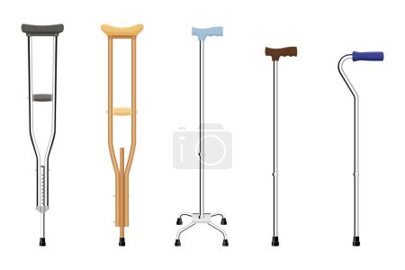 Illustration for Set of walking sticks and crutches. Telescopic metal canes, wooden cane, cane with additional support, telescopic crutch, wooden crutch. Medical devices. Vector flat illustration - Royalty Free Image
