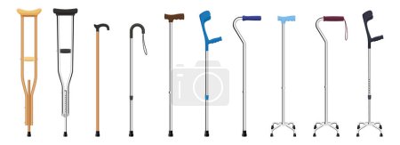 Set of walking sticks and crutches. Telescopic metal canes, wooden cane, cane with additional support, elbow crutch, telescopic crutch, wooden crutch. Medical devices. Vector illustration