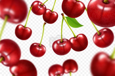 Ilustración de Flying red cherry background. Realistic 3d quality vector. Collection set of Cherries isolated on a white background - Imagen libre de derechos