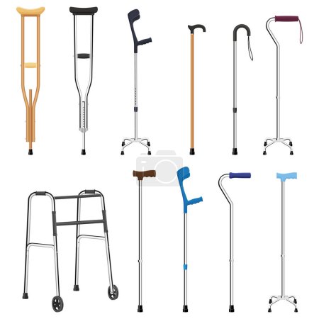 Set of mobility aids including walker, walking sticks and crutches. Telescopic metal canes, wooden cane, cane with additional support, telescopic crutch, wooden crutch. Medical devices. Vector flat
