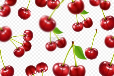 Ilustración de Flying red cherry background. Realistic 3d quality vector. Collection set of Cherries isolated on a white background - Imagen libre de derechos