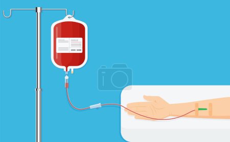 Téléchargez les illustrations : Medical dropper with blood bag. Blood donation day concept for poster. Bag with tube, hand donor. vector illustration. flat design style. Human donated blood - en licence libre de droit