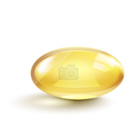 Illustration for Vector Real fish oil capsule with transparency effect and shadow. Realistic shiny medicine pills with gold fish oil or omega 3 vitamin supplement isolated on white background. 3d vector illustration - Royalty Free Image