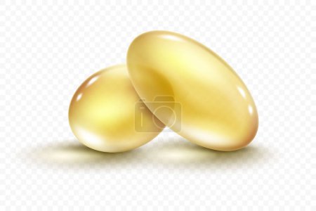 Illustration for Vector Real fish oil capsule with transparency effect and shadow. Realistic medicine pills with fish oil or omega 3 vitamin supplement isolated on white background. 3d vector illustration - Royalty Free Image