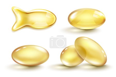 Golden oil capsule set. Realistic shiny medicine pills with gold yellow fish oil or omega 3 vitamin supplement isolated on transparent background. 3d vector illustration