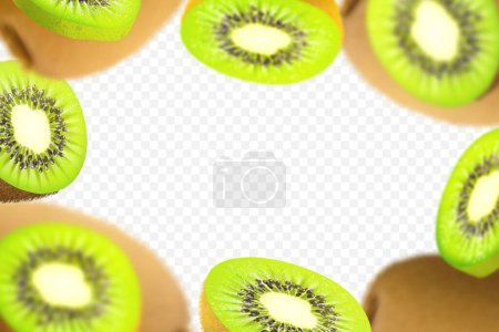 Téléchargez les illustrations : 3D realistic kiwi background. Ripe kiwi fruit in motion. Flying defocusing kiwi fruits. Falling kiwi are whole and cut in half. Vector illustration, isolated on transparent background. - en licence libre de droit