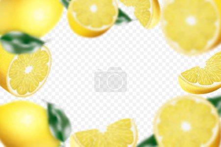 Lemon background. Flying defocusing lemon with green leaf on transparent background. 3D realistic fruits. Lemon falling from different angles. Isolated Vector illustration