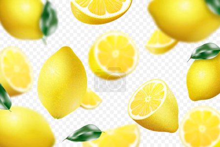 Téléchargez les illustrations : Flying whole and sliced lemons with blur effect in the background. Realistic 3d vector on a white background - en licence libre de droit
