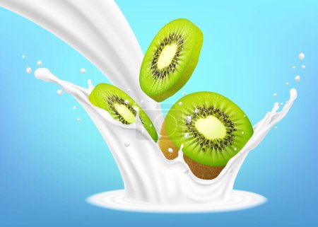 Téléchargez les illustrations : Realistic kiwi with milk splashes and drops. 3d Vector illustration, isolated on blue background. Ready to use for your design. - en licence libre de droit
