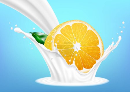 Téléchargez les illustrations : Fruits oranges et éclaboussures de lait. Fruits et yaourts. Illustration réaliste. icône vectorielle 3d - en licence libre de droit