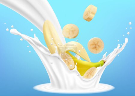 Téléchargez les illustrations : Banana with milk or yogurt splashes and drops. Realistic 3d vector illustration, isolated on blue background. Ready to use for your design. - en licence libre de droit