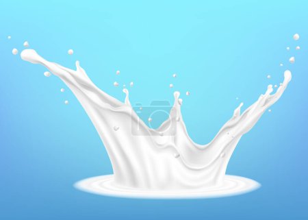 Illustration for Milk splashes isolated on blue background. Illustration of milk pouring with splashes against blue background. Realistic 3d vector - Royalty Free Image