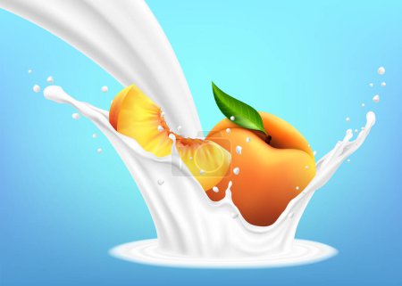 Illustration for Milk splash and peach 3d vector object. Natural dairy products Peach slices falling into the milky splash. Realistic illustration. - Royalty Free Image