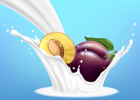 Téléchargez les illustrations : Purple plum with milk or yogurt splashes and drops. Plum in yogurt flow. Realistic 3d vector illustration, isolated on blue background. Ready to use for your design. - en licence libre de droit