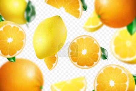 3D realistic citrus background with flying oranges and lemons, with blur effect. Falling lemon and orange fruits are whole and cut in half, isolated on a transparent background ,vector illustration