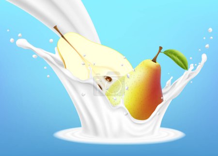 Ilustración de Realistic tropical whole and half sliced pear and splash of milk illustration isolated on blue background. Natural cosmetic, yogurt or fruit and milk cocktail vector concept. - Imagen libre de derechos