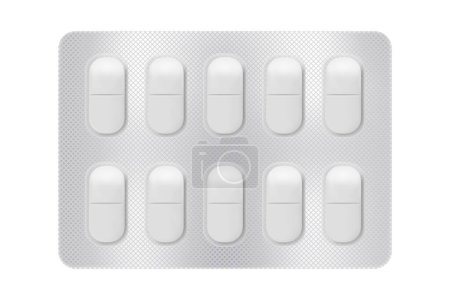 Illustration for 3d blister with pills for illness and pain treatment. Medical drug package for tablet: vitamin, antibiotic, aspirin. Realistic mock-up of packaging. Vector illustrations of pack isolated on background - Royalty Free Image