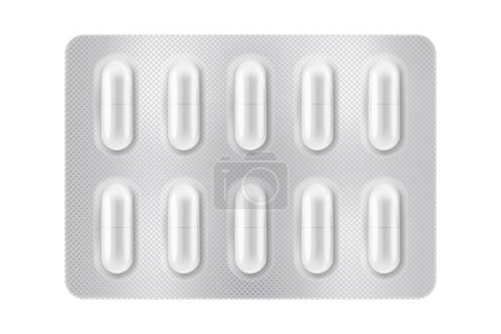 Ilustración de Ampolla 3d con pastillas para la enfermedad y el tratamiento del dolor. Paquete de medicamentos médicos para tabletas: vitamina, antibiótico, aspirina. Realista maqueta de embalaje. Ilustraciones vectoriales del envase aislado sobre fondo - Imagen libre de derechos