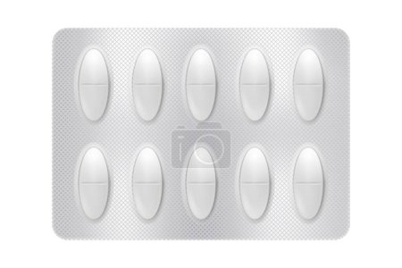 Illustration for 3d blister with pills for illness and pain treatment. Medical drug package for tablet: vitamin, antibiotic, aspirin. Realistic mock-up of packaging. Vector illustrations of pack isolated on background - Royalty Free Image