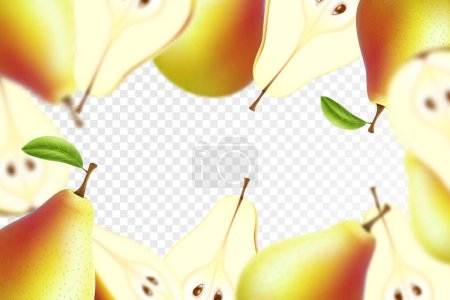 Illustration for Fruit background. Realistic 3d flying pears. Whole and pieces of juicy product with leaves. health food poster. Focused and blurry objects. Vegetarian nutrition. Ripe crop - Royalty Free Image