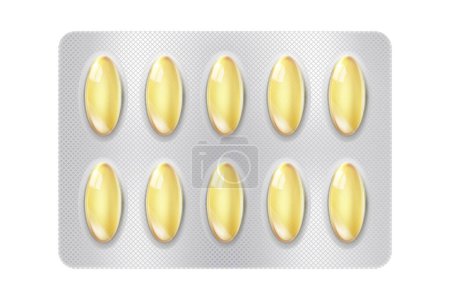 Illustration for Realistic fish oil Omega 3 pills blister with capsules on white background. Mock-up of pills packaging medicines vitamins. Healthcare medical. 3d vector - Royalty Free Image