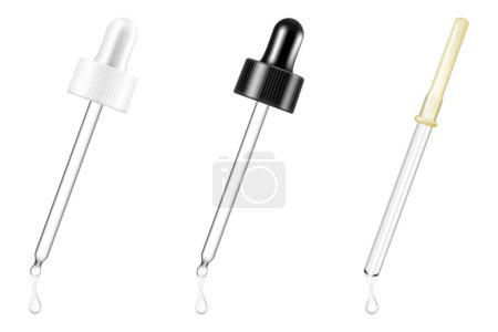Illustration for Pipette mockups for dropper bottle isolated on white background. Vector illustration. Front view. ?an be used for cosmetic, medical and other needs. Realistic 3d icons, isolated on white background - Royalty Free Image