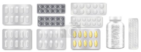 Ilustración de Pills blisters with tablets or capsules. Medical treatment drugs or medicines in plastic package mockups isolated set on white background. Vector 3d realistic pharmaceutical illustration - Imagen libre de derechos