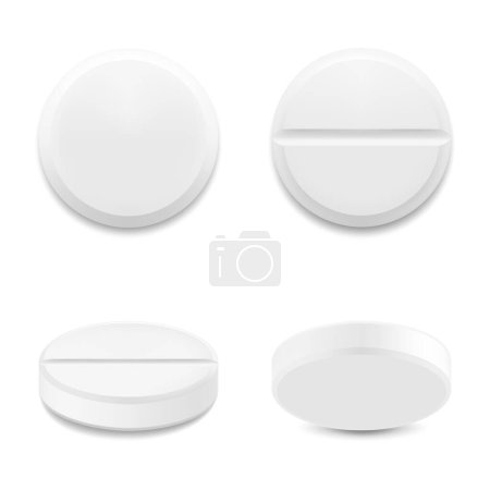 Ilustración de Realistic round pills and capsules mockup style. The concept of medicine and health, isolated on white background. 3d vector illustration. Can be used for medical and cosmetic. - Imagen libre de derechos