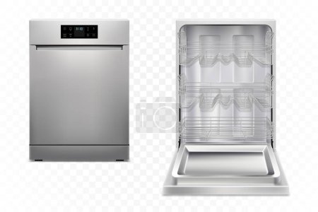 Téléchargez les illustrations : Dishwashing machine with open, closed door, isolated on white background. Smart home appliance concept. Front view. Digital display. Silver color. Realistic 3d Vector illustration. - en licence libre de droit