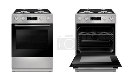 Ilustración de Modern gas stove, multi function stove with touch menu and timer in two views, with open and close door with light. Realistic 3d Vector illustration isolated on white background - Imagen libre de derechos