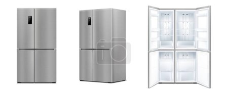 Ilustración de Refrigerador realista con puertas dobles. Moderno aparato frigorífico de dos cámaras para el almacenamiento de alimentos. Refrigeradores de cocina cromados aislados. 3d vector ilustración - Imagen libre de derechos