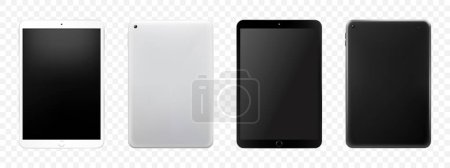 Téléchargez les illustrations : Tablet mockup set, Isolated On White. Black tablet and white colour tablet. Front and back view. Realistic 3d Vector illustration. Can use for object application demo. Can use for web. - en licence libre de droit