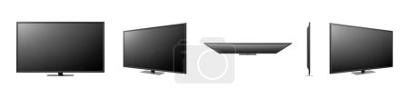 Illustration for LCD TV screen isolated on white background. Black television panel. Realistic 3D blank LED smart hdtv display with mat texture surface. Top, Front, Side view of monitor. Tv mockup model. Vector - Royalty Free Image