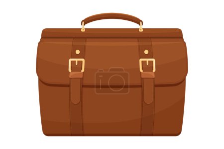 Téléchargez les illustrations : Leather Brown Suitcase, Belts and Handle. Briefcase Icon Close Up Isolated on white Background. Vacation and Travel Concept. vintage bag. Vector flat icon. front view - en licence libre de droit