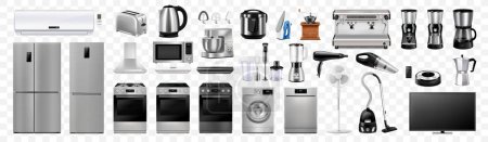 Ilustración de A set of household and kitchen appliances: microwave oven, washing machine, refrigerator, vacuum cleaner, multicooker, iron, blender, iron, toaster. Realistic 3D vector, isolated illustration. Electric device. - Imagen libre de derechos
