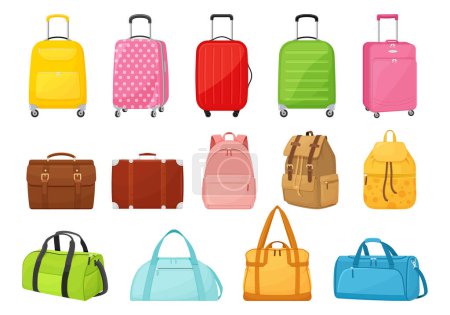 Illustration for Plastic, metal, leather suitcases and bags. Travel suitcase, journey package, business bag, tripp luggage. Collection different bags, suitcases, backpacks, briefcases, Vector illustration. Flat design - Royalty Free Image